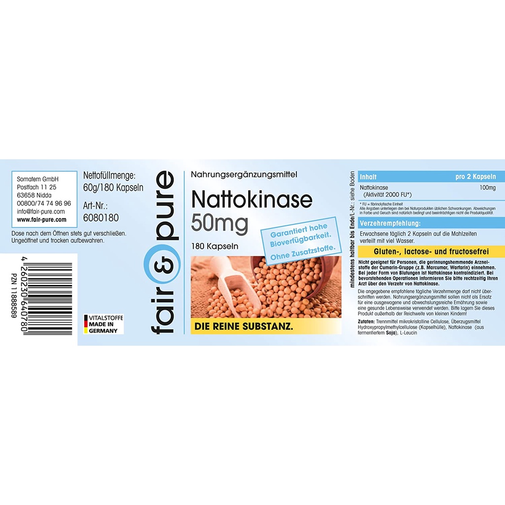 Viên uống chống đột quỵ Nattokinase 50mg Fair & Pure Đức 180 viên