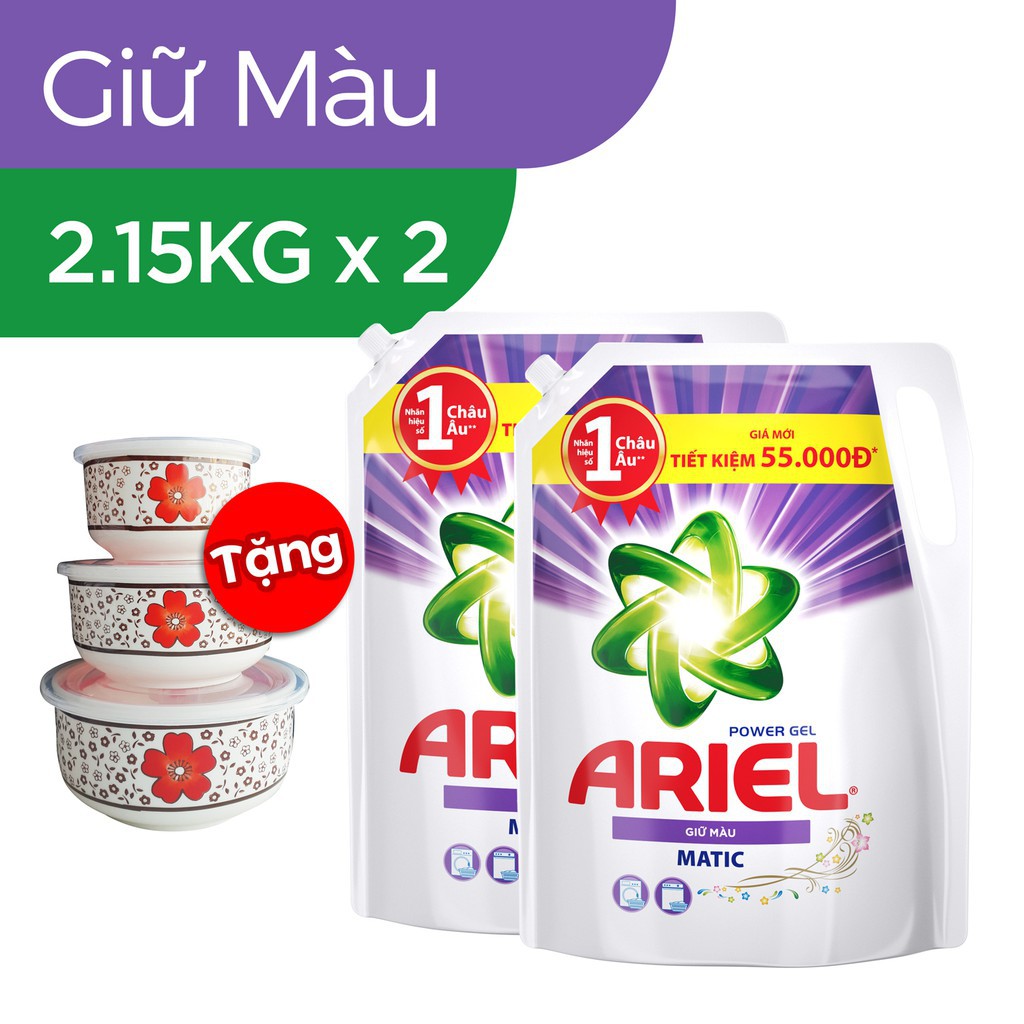 Combo 2 Túi Nước Giặt Ariel Matic Giữ Màu 2.15kg tặng bộ 3 thố sứ