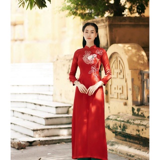 Áo dài truyền thống màu trắng thêu hoa sen hàng cao cấp