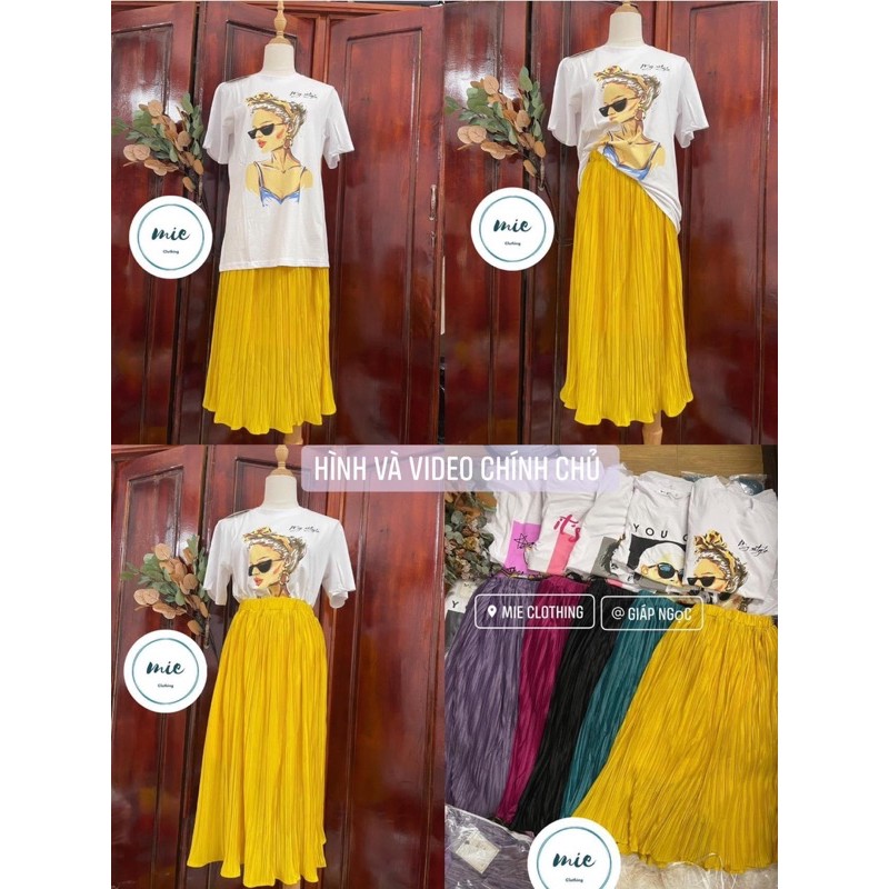 Set áo thun cô gái trắng mix chân váy xếp ly trendy quốc dân nhiều màu nổi hồng tím xanh vàng đen | BigBuy360 - bigbuy360.vn
