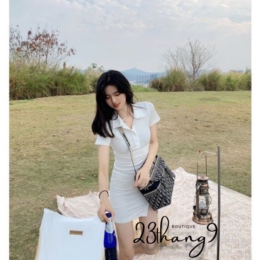 Đầm body váy cổ bẻ polo xẻ trước 23thang9 chất thun gân tăm cao cấp váy ôm sexy nữ thiết kế đi dự tiệc đi phố 23thang9