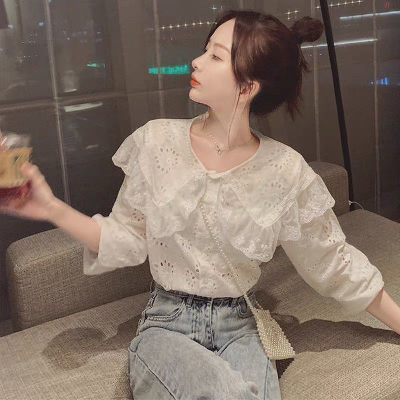 Áo sơ mi cổ búp bê phối ren màu trắng ngọt ngào phong cách Hàn Quốc thời trang mùa xuân mới cho nữ 2021 | BigBuy360 - bigbuy360.vn