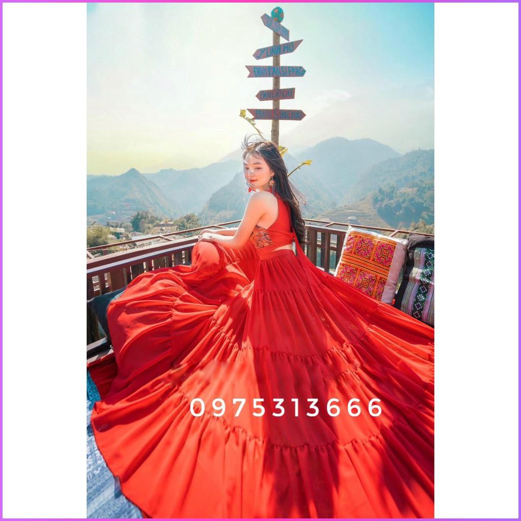 Đầm Vintage, Váy Maxi Đi Biển V112, Chất Lụa Mềm Mát, Màu Đỏ Phối Thổ Cẩm, Siêu Phẩm Của Tín Đồ Sống Ảo, Mẫu Mới 2021