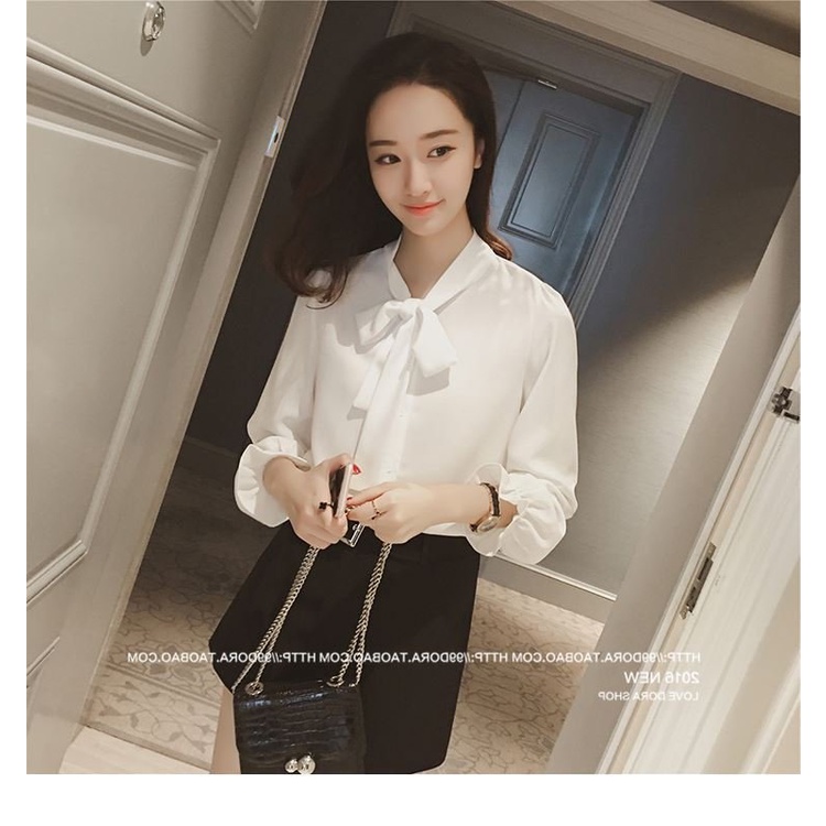 Áo Sơ Mi Tay Dài Công Sở Cho Nữ Thắt Nơ Kiểu Phong Cách Hàn Quốc Form Rộng S3T5-3