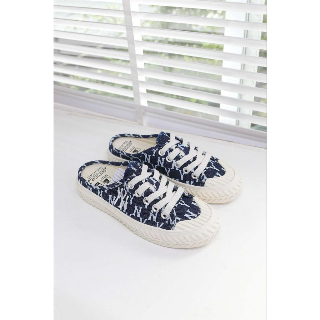 Giày MLB Playball Mule Monogram denim xanh đậm chính hãng, sục MLB đế cao su 3cm tôn dáng