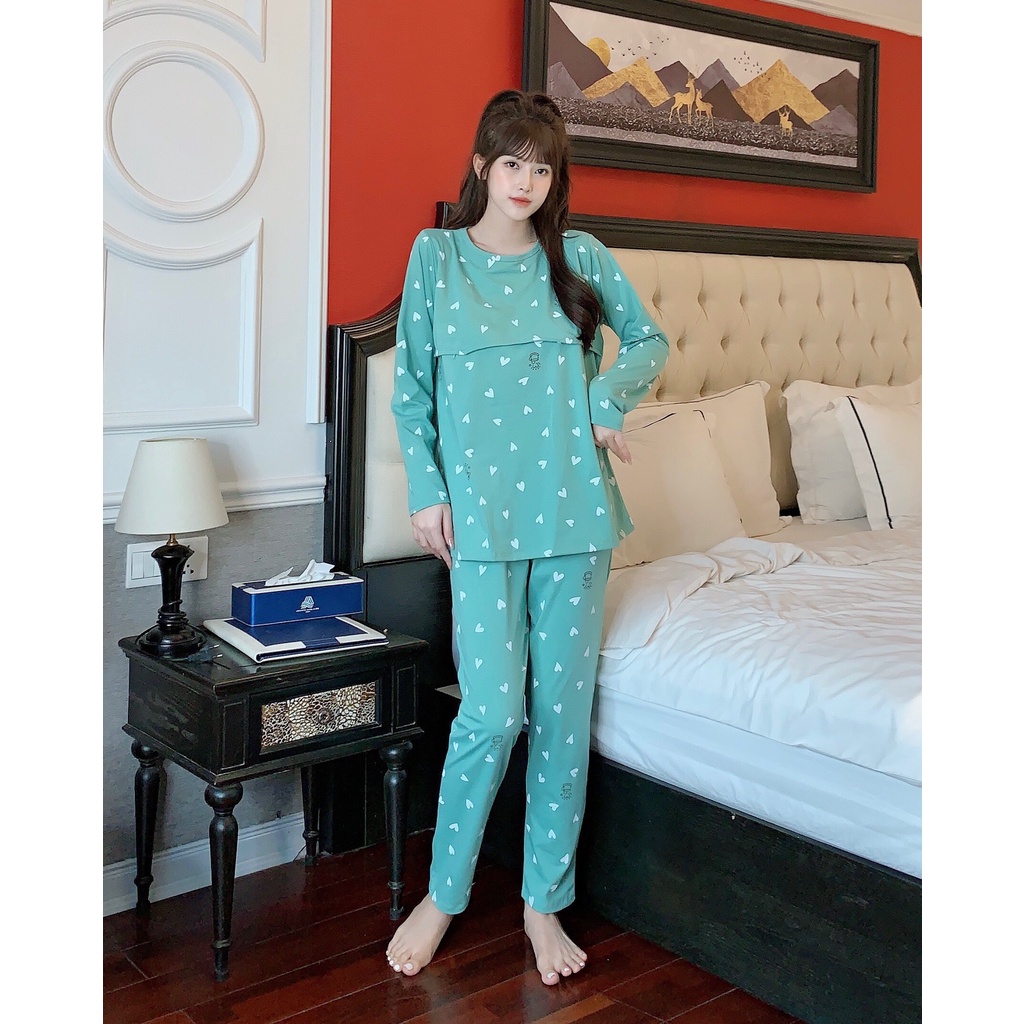 Bộ đồ bầu dài tay và cho con bú M437 chất cotton cao cấp freesize từ 45 đến 70kg