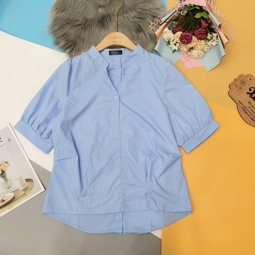 Áo sơ mi nữ cổ tàu Xuu Design, Áo kiểu nữ form rộng tay bồng kẻ tăm TK20.44 | BigBuy360 - bigbuy360.vn