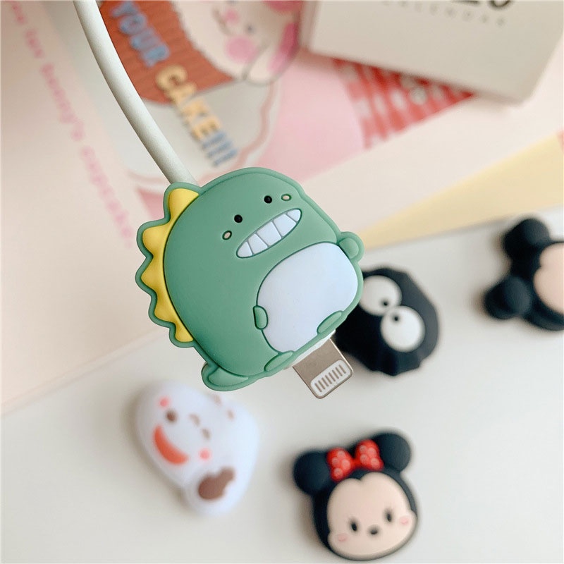 Phụ kiện bảo vệ dây cáp dữ liệu bằng silicone thiết kế khủng long/ vô diện/ đám mây/ bánh than hoạt hình đáng yêu
