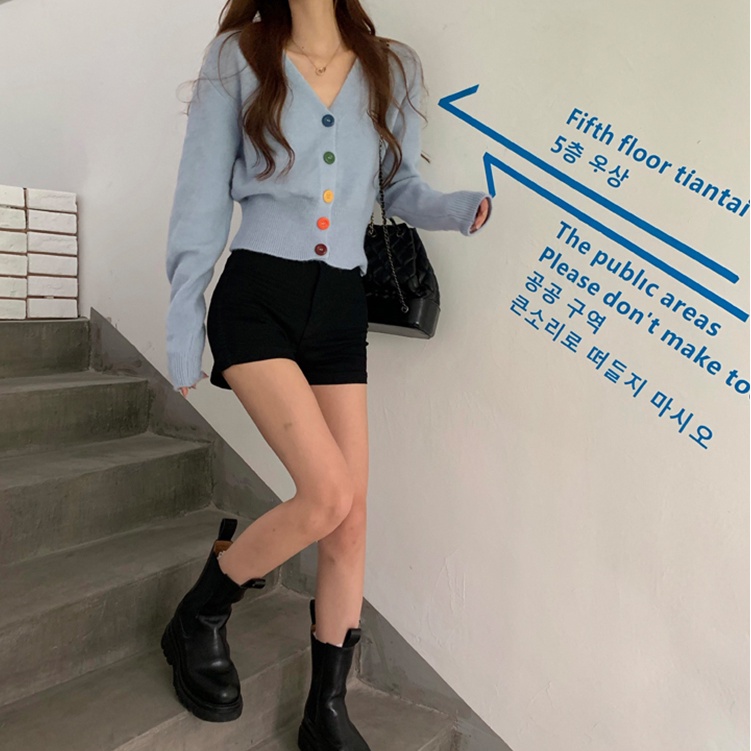 ihkke Áo khoác cardigan dệt kim dáng ngắn phối nút màu cầu vồng phong cách Hàn Quốc trẻ trung cho nữ