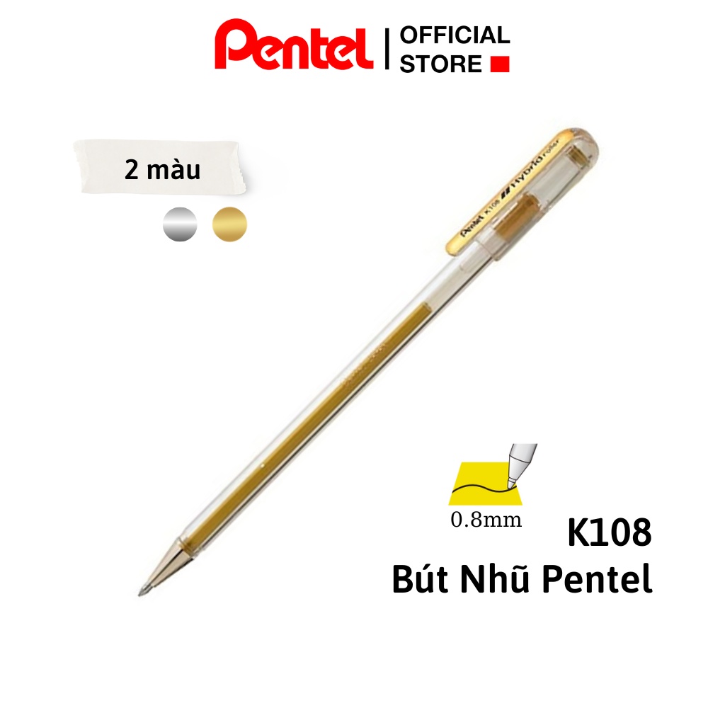 Bút Nhũ Pentel K108 Hybrid Roller | Màu Nhũ Tươi Sáng Nhanh Khô Không Lem Nhòe | Ngòi 0.8mm 3 Màu Mực (vàng, bạc, trắng)