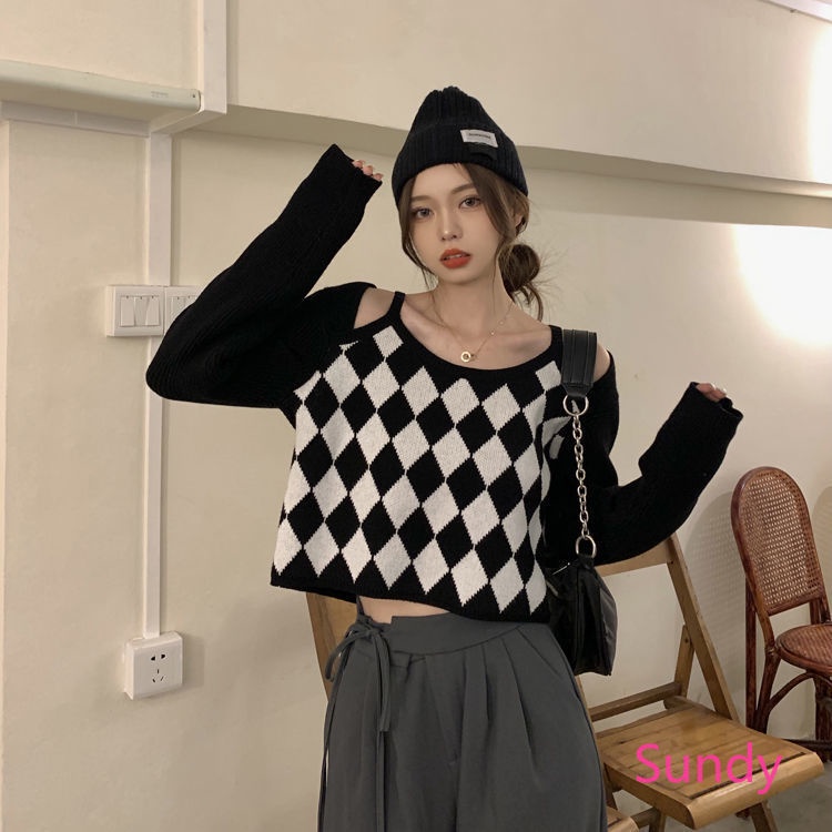 Áo dệt kim trễ vai tay dài kẻ sọc ca rô thời trang cho nữ