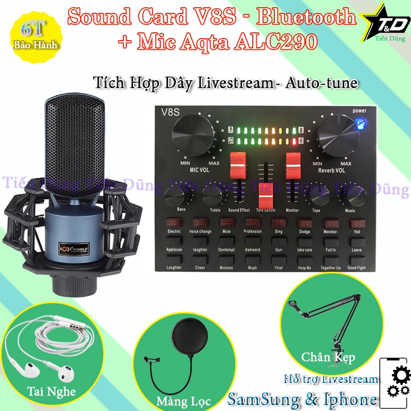 Combo Mic Livestream Karaoke Aqta ALC290 và Sound Card V8S có Bluetooth Auto-tune Đi Kèm Chân Kẹp Màng Lọc Tai Nghe Nhét