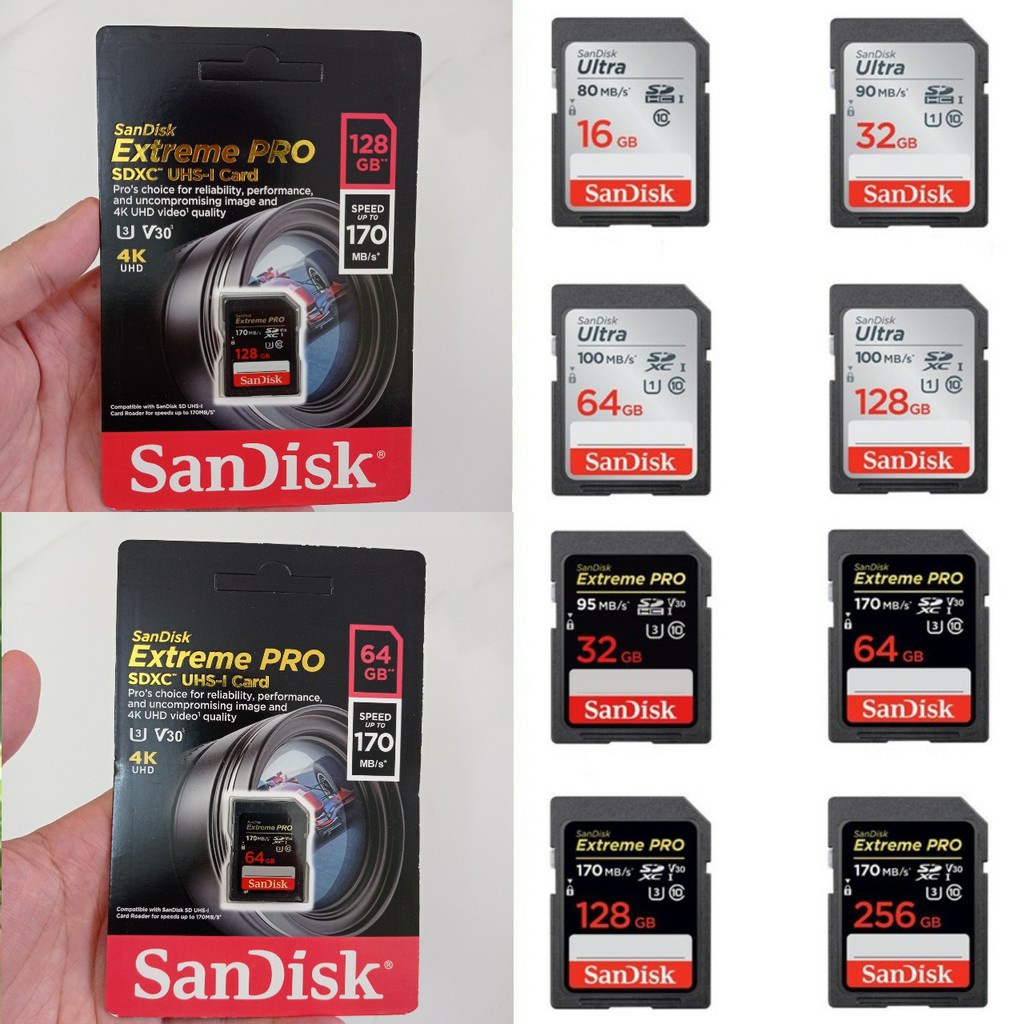 Thẻ nhớ SD Sandisk  32G  64G Ultra Class 10 và Extreme Pro tốc độ cao 4K cho máy ảnh máy quay