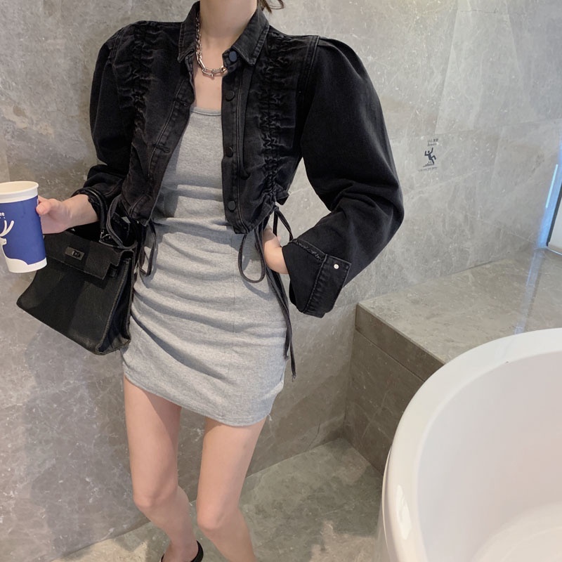 Áo khoác Denim dáng ngắn phối dây rút thời trang mùa thu cho nữ