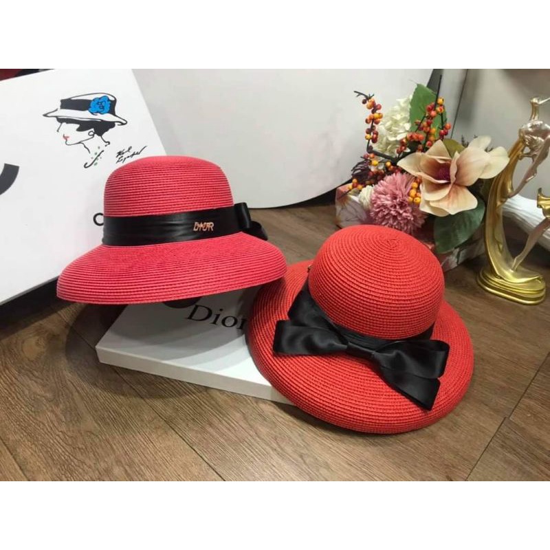 Mũ cói đi biển mũ lồng đèn nơ vintage gắn chữ dio sang chảnh