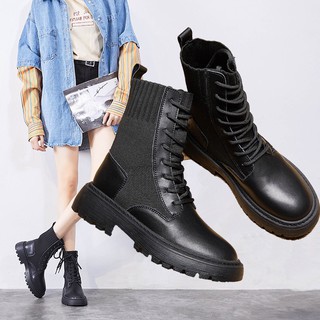 Giày boot nữ cổ cao cột dây đế bằng hàn quốc