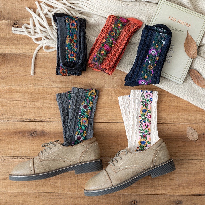TL12 Tất vớ tiểu thư thêu hoa vintage 1 sọc retro Lolita lẻ