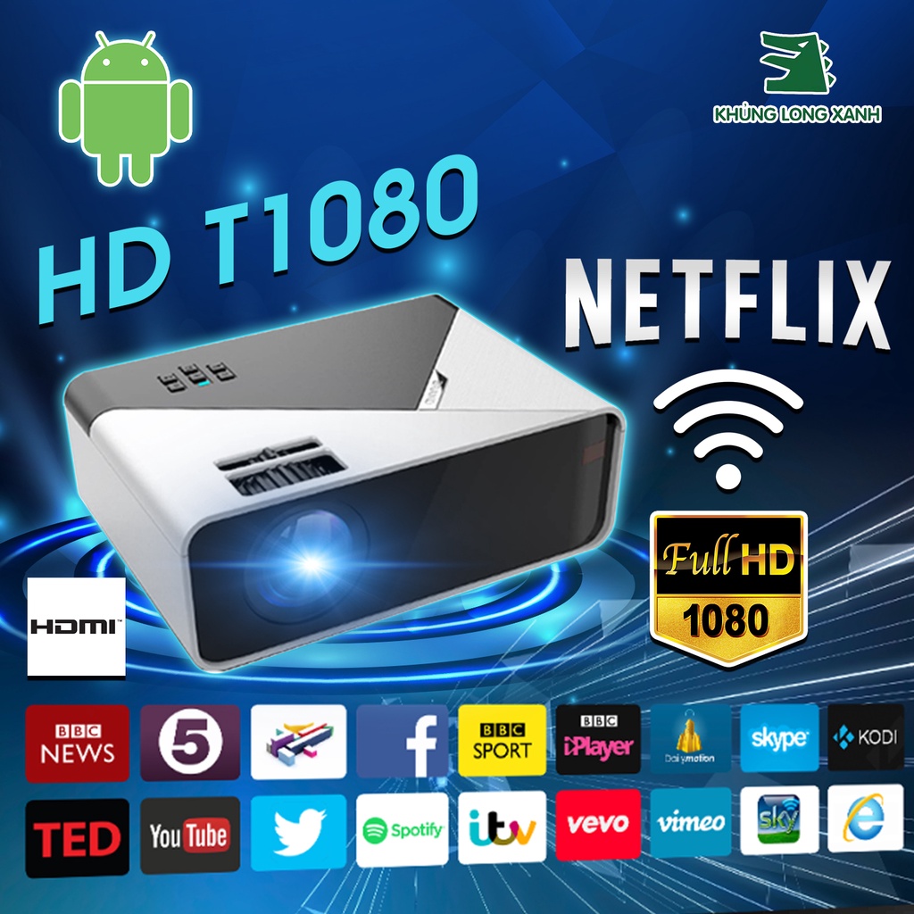 Máy chiếu KHỦNG LONG XANH T1080 hỗ trợ hd+,kết nối không dây với latop,hdmi, vga, av, tivibox, điện thoại...