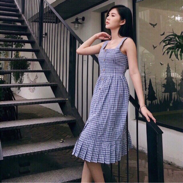 Đầm caro 2 dây đuôi cá