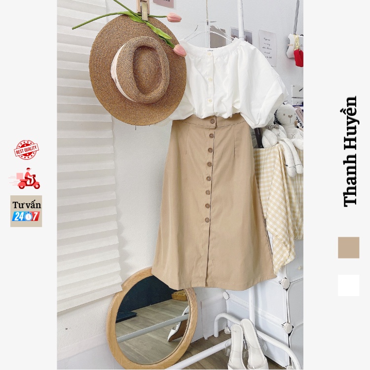 Set váy vintage chân váy kaki chữ A kèm áo sơ mi tay bồng