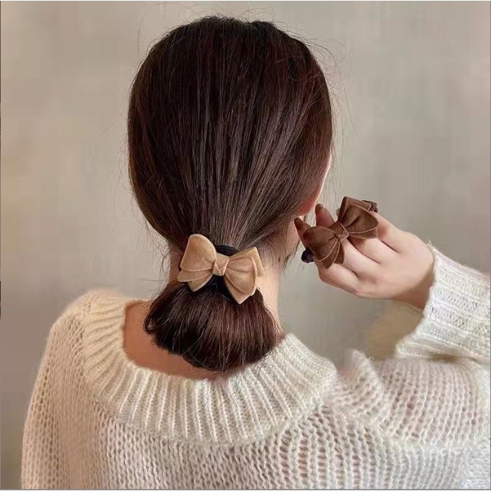 Chun buộc tóc nữ nhún hình nơ tim màu nâu đậm tiểu thư BAG U CHUNTIMNO088