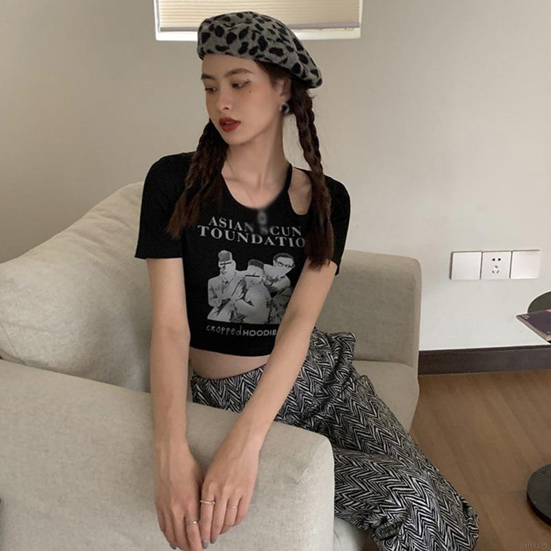 Áo thun croptop tay ngắn thiết kế khoét vai phong cách hàn quốc dành cho nữ