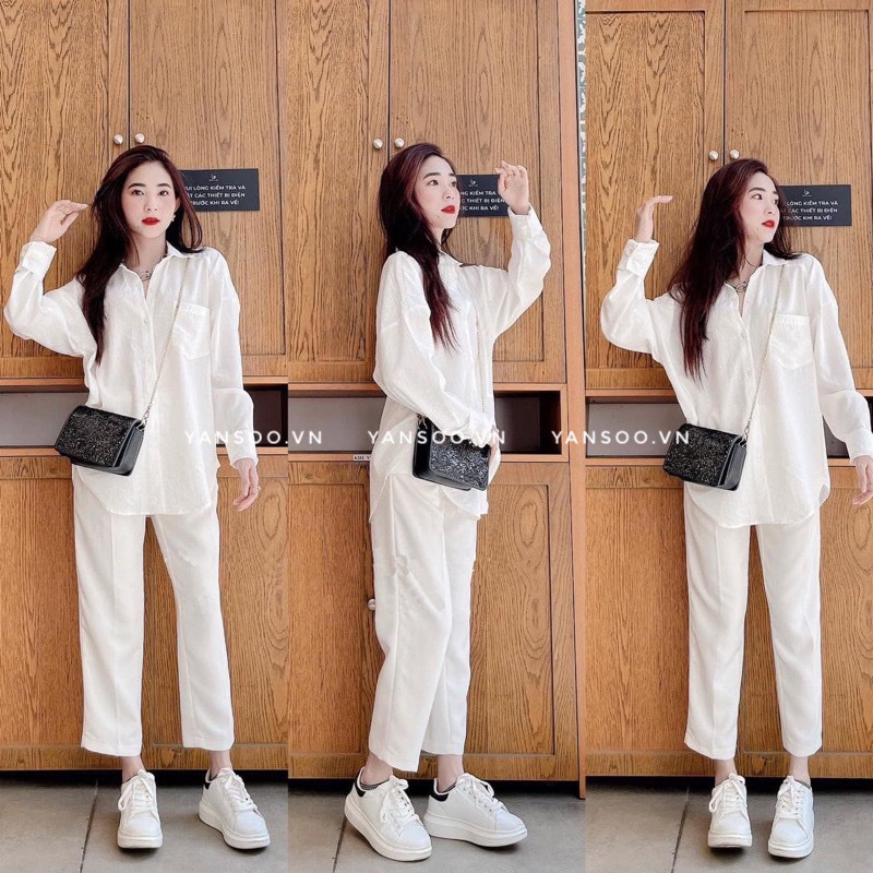 Sét đũi tay dài , sét áo somi đũi from rộng mic quần baggy trắng cạp chun , sét đồ nữ phong cách Hàn Quốc YANSOO