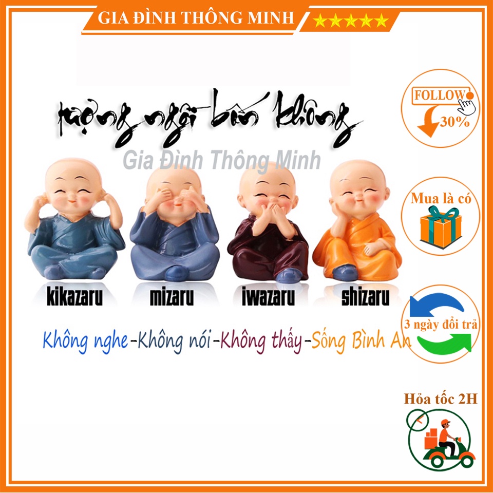 Bộ Tượng Chú Tiểu Hòa Thượng Tứ Không - Bộ Tượng 4 Tư Thế , Trang Trí Xe Hơi, Để Bàn Làm Việc