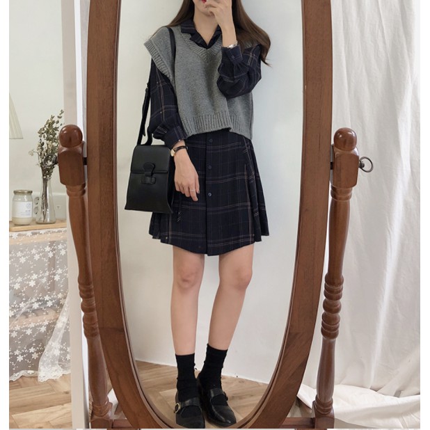 Đầm tay dài sọc ca rô cổ bẻ cá tính thời trang | BigBuy360 - bigbuy360.vn