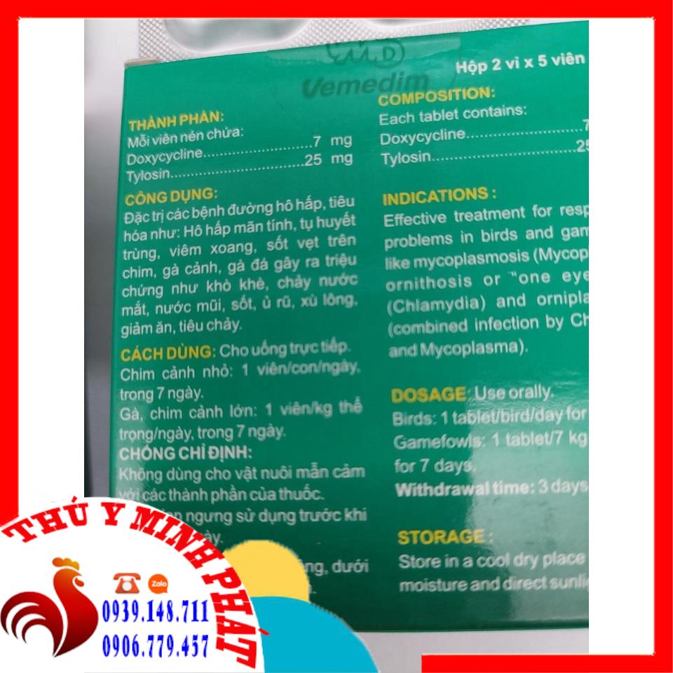 Viên uống Doxyt Tab Vemedim giảm khò khè, sổ mũi, kém ăn cho chim, vẹt, thú cảnh, gà đá, hộp 10 viên