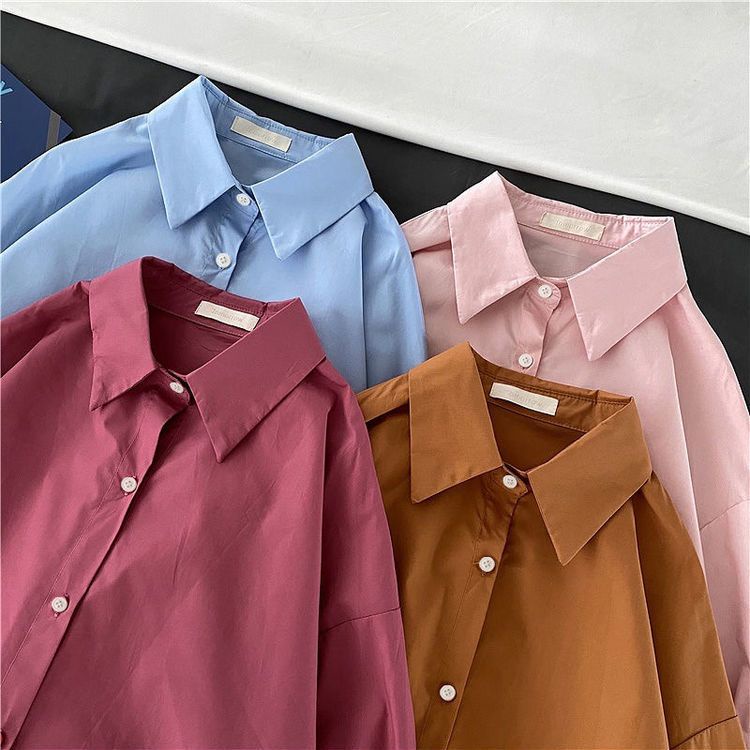 Áo Sơ Mi Tay Dài Màu Trơn Phong Cách Hàn Quốc Cổ Điển Thời Trang Xuân Thu Mới Cho Nữ