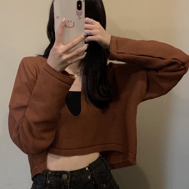 【ZHELIHANGFEI】Áo Dệt Kim Tay Dài Cổ POLO Eo Cao Hở Rốn