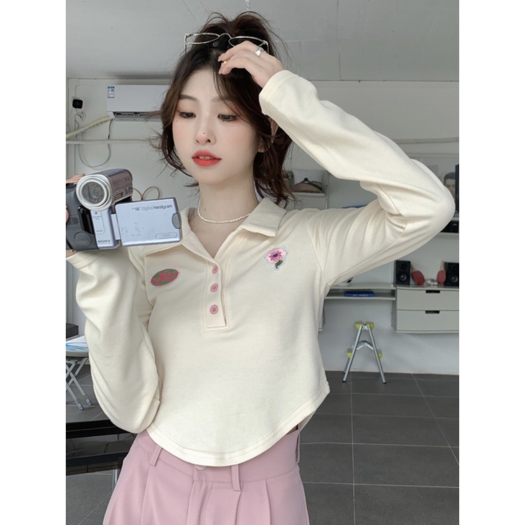 Áo Thun Tay Dài Dáng Ngắn Form Ôm Thêu Họa Tiết Thời Trang Mùa Thu Cho Nữ
