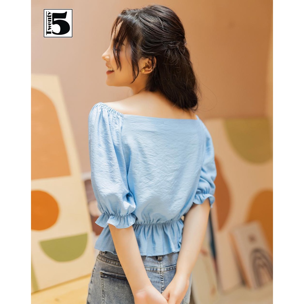 Áo sơ mi nữ cổ thuyền rộng dáng lửng chun vai nhún eo vải đũi nhăn Twentyfive TA18