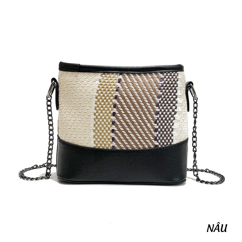 Túi Cói Vân Sọc Phối Da Khóa Kéo Cực Hot