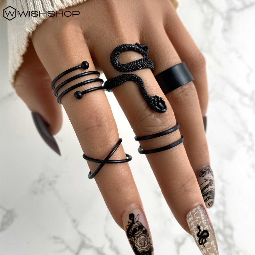 Set 5 Nhẫn Hình Rắn Đen Tối Giản Có Thể Điều Chỉnh Kích Cỡ Cho Nữ