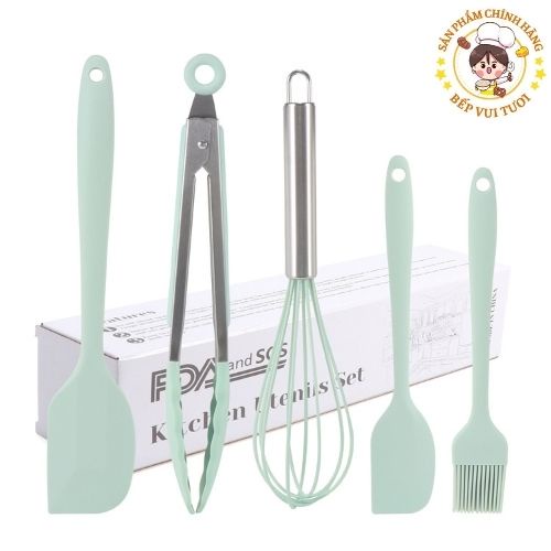 Dụng cụ nấu ăn, làm bánh nhà bếp màu xanh mint 5 món chịu nhiệt cao an toàn cho bé