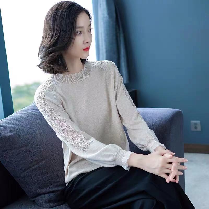 Áo Dệt Kim Tay Dài Phối Ren Hoa Thiết Kế Dáng Rộng Che Khuyết Điểm