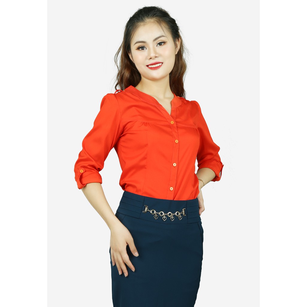 Áo sơ mi voan cam tay lỡ cổ tròn mí dọc The One Fashion AGB022CA