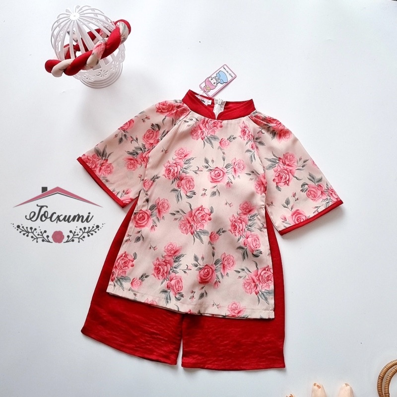 Set áo dài đỏ lụa tằm hoa hồng cao cấp - Tocxumi
