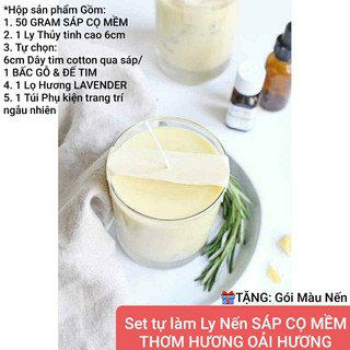 Set tự làm ly nến sáp cọ mềm thơm hương lavender tự chọn tim cotton/bấc gỗ