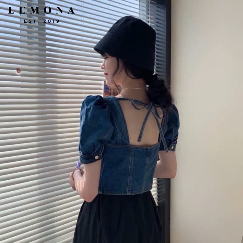 ÁO CROPTOP KIỂU CỔ VUÔNG THẮT NƠ ĐỘC ĐÁO XANH DENIM HÀN QUỐC