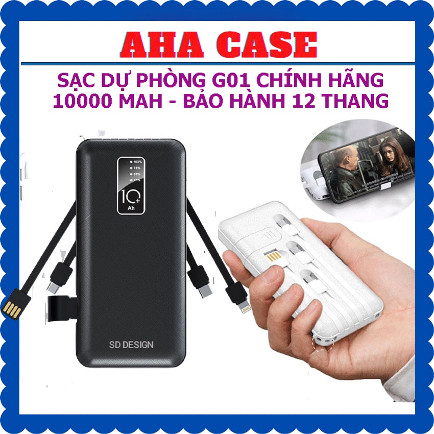 Sạc dự phòng chính hãng G01 SD Design 10000 mAh, Kèm 4 cáp sạt - giá đỡ, đèn pin, xạc du phong, BẢO HÀNH 12 THÁNG