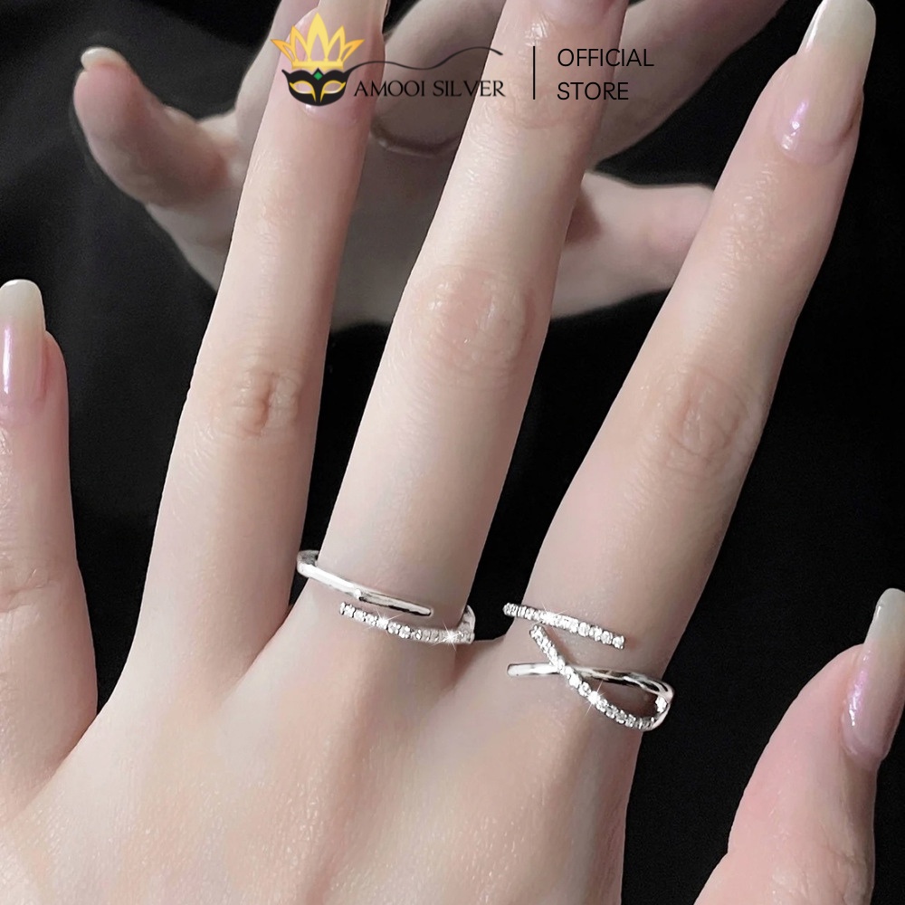 Nhẫn Bạc S925 Freesize Dáng Hở Mẫu Chéo Khúc Nạm Đá - Amooi Silver AN83