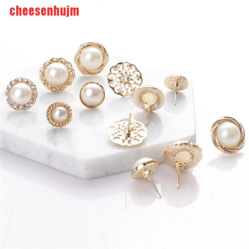 [cheesenhujm]6 Pairs Elegant Crystal Rhinestone Diamond Pearl Sign Ears Tiny Studs Earrings