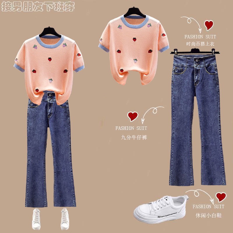 One-piece / suit summer ice silk short-sleeved T-shirt women's thin top ins tide 2022 high-waisted micro jeans