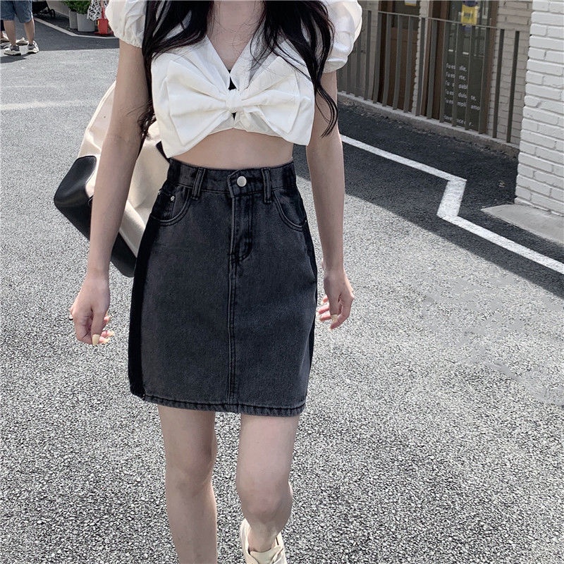 Chân váy jean Phối Màu Tương Phản Phong Cách Retro Thời Trang