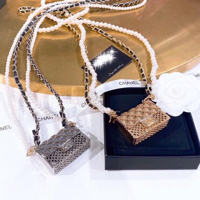 Túi mini Chanel dây ngọc dây xích 2 màu vàng , bạc