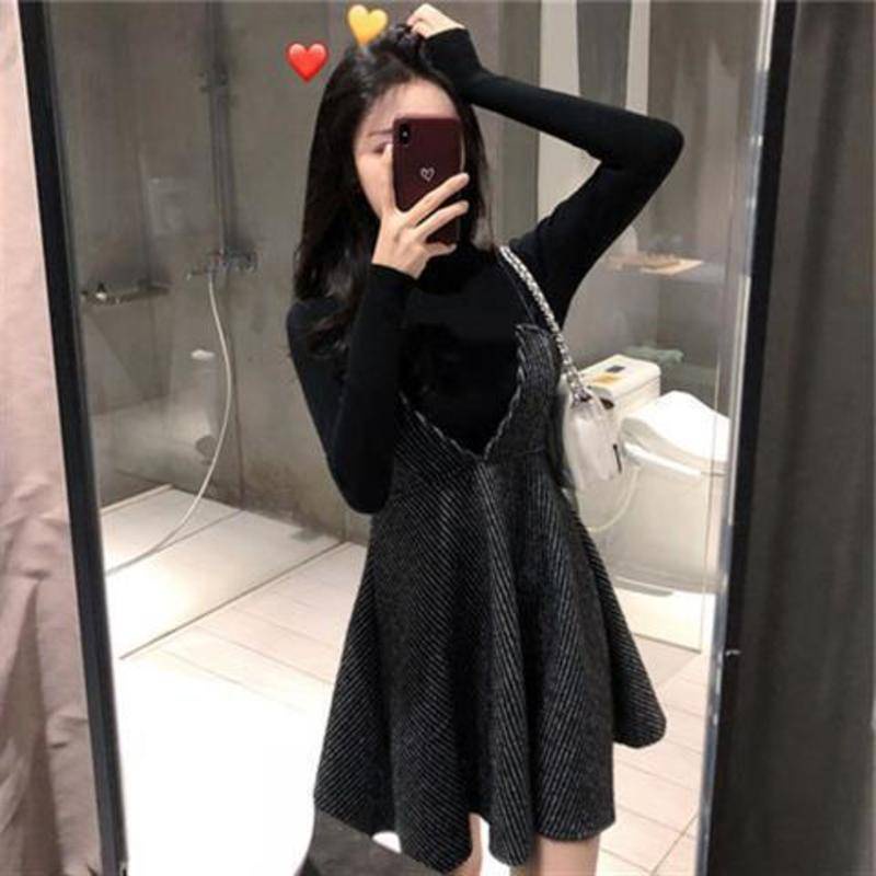 Set Áo Thun Dài Tay + Đầm Dệt Kim Màu Đen Thời Trang Thu Đông Dành Cho Nữ