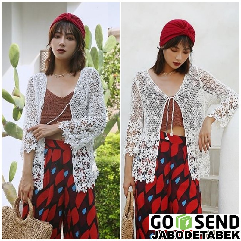 Áo Choàng Cardigan Đan Móc Phối Ren Che Phủ Bikini Phong Cách Boho